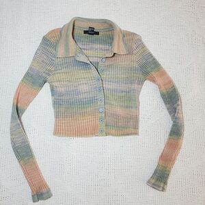 Forever 21 Pastel Rainbow Ribbed Button Up Cropped Top Medium